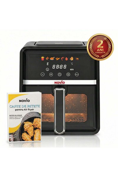 NOVIO Air Fryer StonePro — 8 L, 1400 W, cuvă și grătar cu acoperire din piatr...
