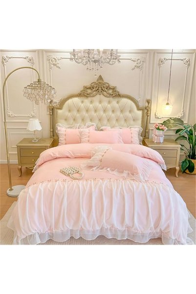 MOOWOO Pink Bedding-Romantic Ruffle Lace Bedding Set 3 Piece Comforter Queen ...