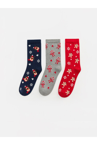 LC Waikiki Rmz Gi̇yi̇m Farkiyla New Year's Themed Women's Socks 3-Piece Set