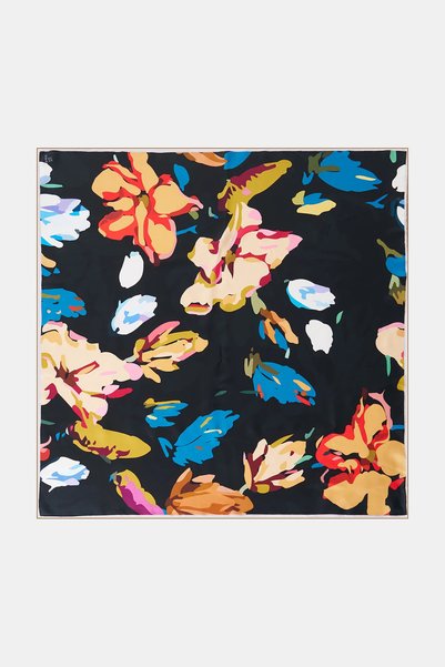 Kayra Abstract Floral Print Silk Twill Scarf, Black