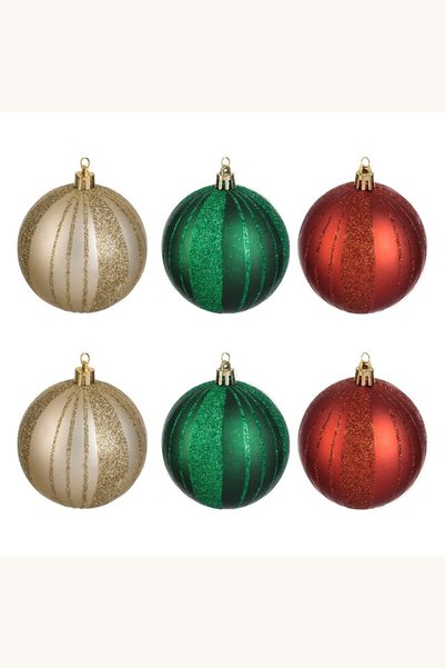 Comerivo 6 globuri de Craciun cu dungi glitter, in nuante verde, rosu si samp...
