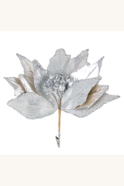 Comerivo Floare decorativa argintie de Craciun cu clips, petale cu glitter, 2...