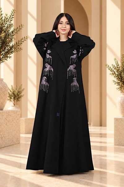 Abayat Lareen Black Linen Abaya with Mauve and Shuk Embroidery with Veil