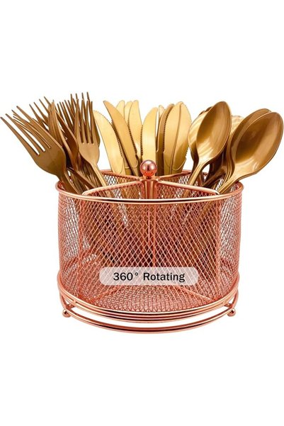 GENERAL DysanVica 360° Rotating Metal Utensil Caddy - 4 Compartment Silverwar...