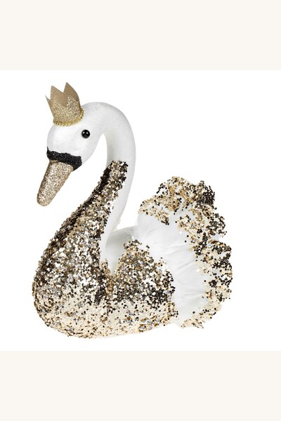 Comerivo Lebada de Craciun din spuma alba cu glitter auriu si coroana, decor ...