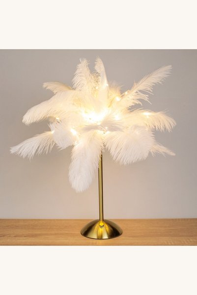 Comerivo Veioza LED reincarcabila USB cu pene albe si baza aurie, lumina alba...