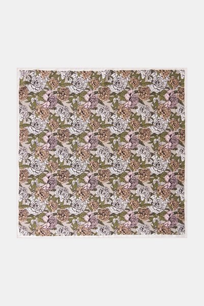 Kayra Floral Print Silk Twill Scarf in Taupe Color