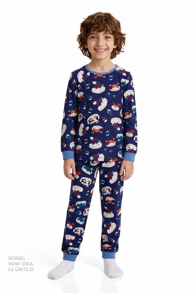 Penti Erkek Çocuk Mavi Winter Animals Pamuklu Uzun Kollu 2'li Pijama Takımı