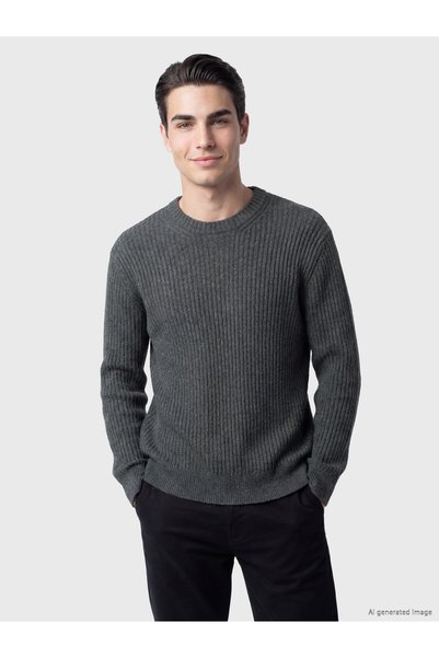 LC Waikiki Nevavm Gray Knitwear Flat Oval Collar Men's Sweater with a Difference