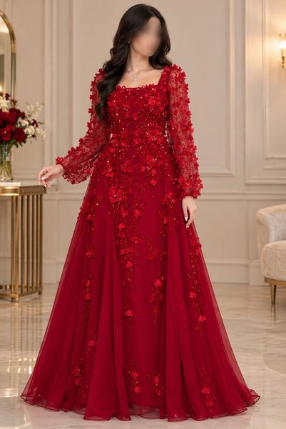 nouf فستان سهرة ملكي أحمر بتطريزات الورود ثلاثية الأبعاد – 🌹