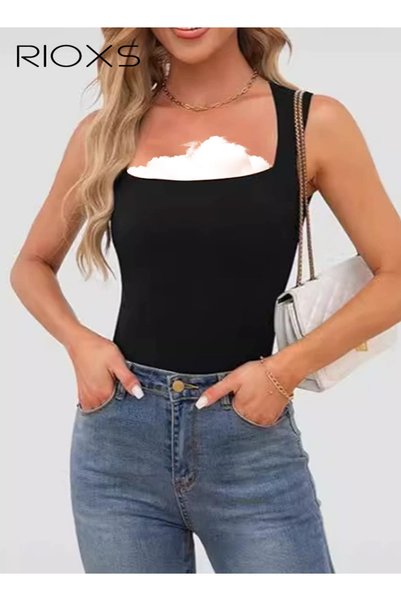 RIOXS توب نسائي بياقة مربعة، قميص صيفي أساسي ضيق بتصميم كاميسول مع حمالات عري...