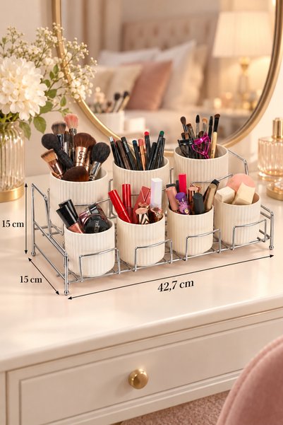 Edora Home Shiny Silver 7-Compartment Bamboo-Lid White Porcelain Jar Makeup a...