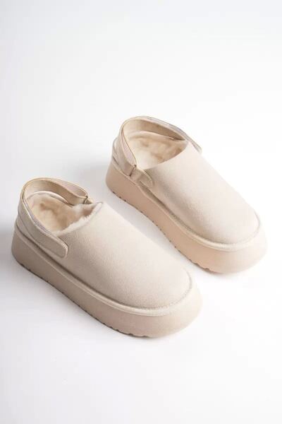 Generic Brand Women's beige suede winter slippers with fur lining, back strap, and 5cm thick sole, tr04mk06b.