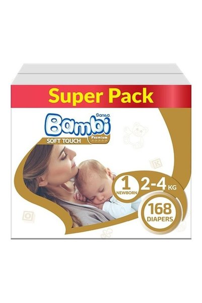 Sanita Bambi حفاضات الأطفال سوبر باك مقاس 1، حديثي الولادة، 2-4 كجم، 168 قطعة
