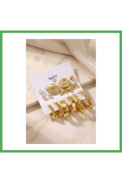 Nur store Çanta Metallic Gold-Plated Seashell-Detailed CCB 9-Pair Women's Ear...
