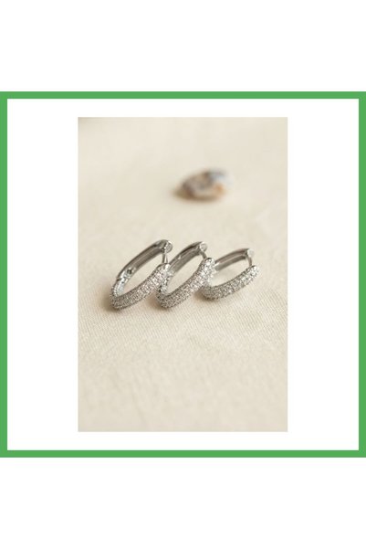 Nur store Çanta Set of 3 Silver-Colored Square Hoop Earrings with Zircon Ston...