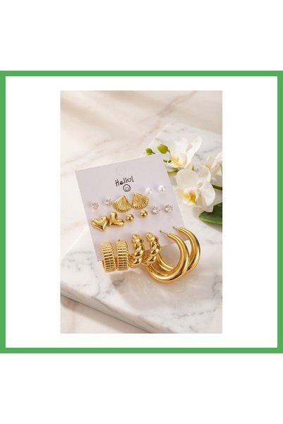 Nur store Çanta Gold-Colored Metallic-Plated Seashell-Detailed CCB 9-Pair Ear...