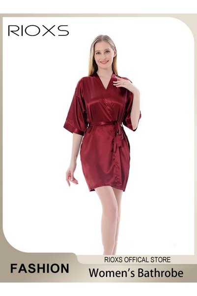 RIOXS Women's Silky Satin Short Robe with Adjustable Tie and 3/4 Sleeves, Ski...