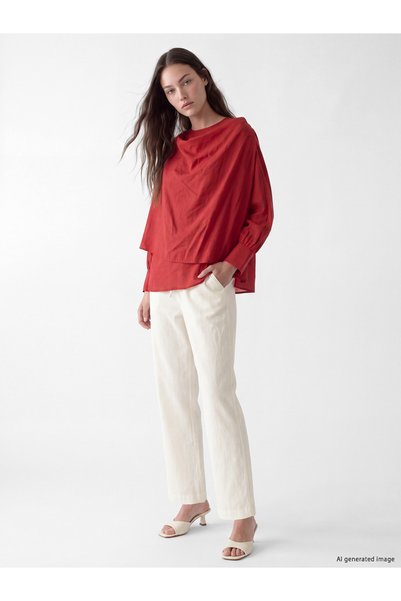 LC Waikiki LCW Modest Ecru Linen-Blend Solid Standard & Regular Wide-Leg Wome...