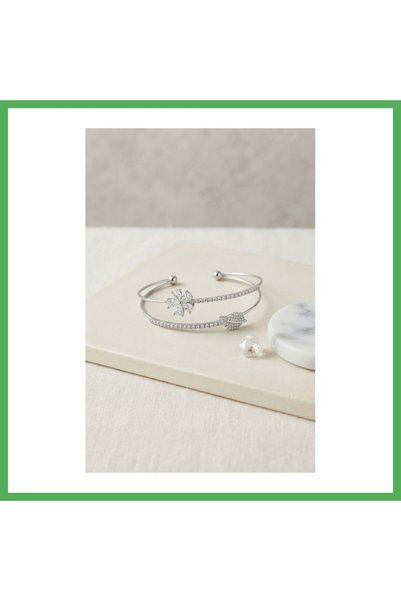 Nur store Çanta Silver-Colored Flower-Patterned Women's Bracelet with Zircon ...