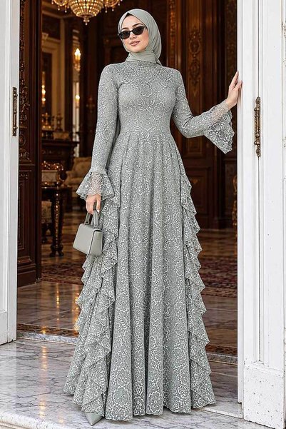 N.S NEVA STYLE Rochie de seară modestă cu detaliu cu volane, în nuanța verde ...
