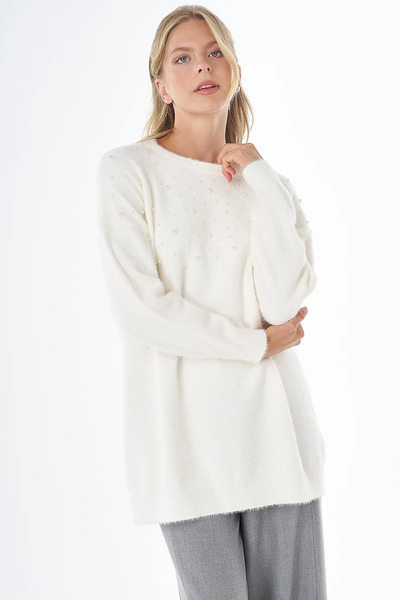 Kayra Ecru Knit Tunic with Pearl Details