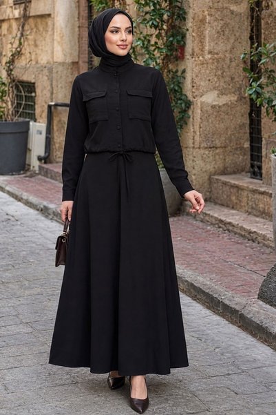 Neva Style طقم تنورة حجاب سوداء مع جيب أمامي 1359S