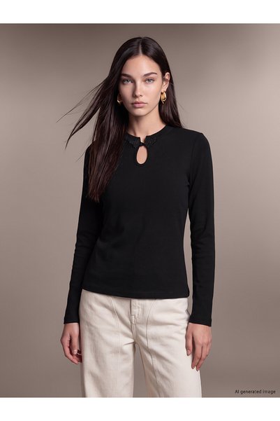 LC Waikiki Soulife Black Embroidered Oval-Neck Long-Sleeve Women's Blouse—The...