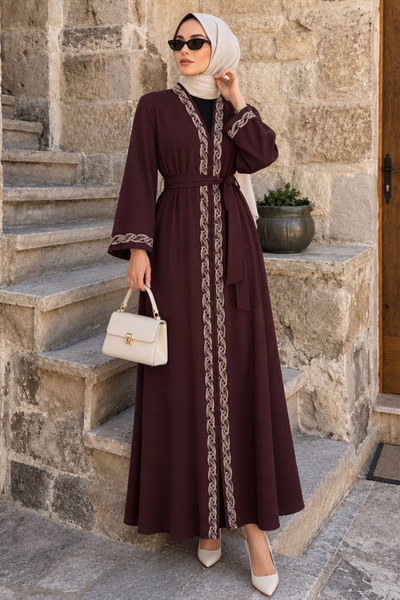 Neva Style Καφέ σεμνό φεράτζα με λεπτομέρεια ζώνης 29147KH