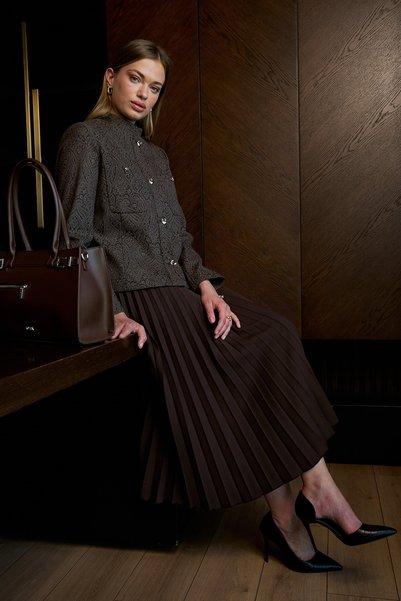 Kayra Coffee-Colored Set with a Shawl-Patterned Skirt