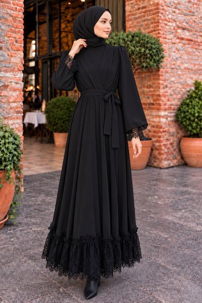 N.S NEVA STYLE Black Modest Evening Gown with Guipure Lace Details and a Belt...