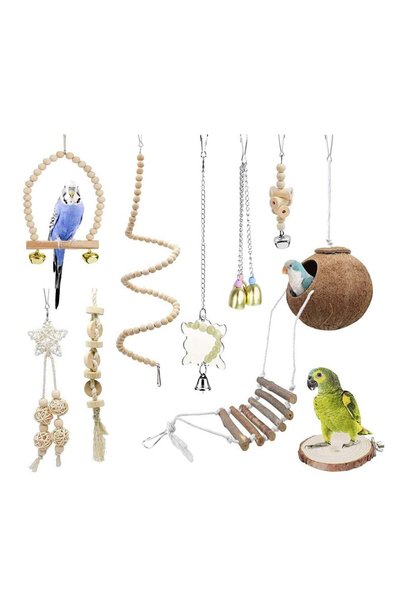 Sylqvxh 9-Piece Parrots Chewing Toy Set - Natural Wood Toys , Coconut Hideawa...