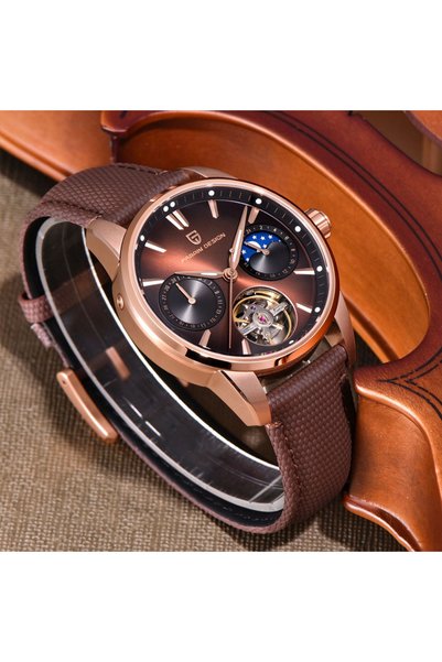 Pagani design Rose gold moon phase hollow mechanical Watch retro belt men's B...