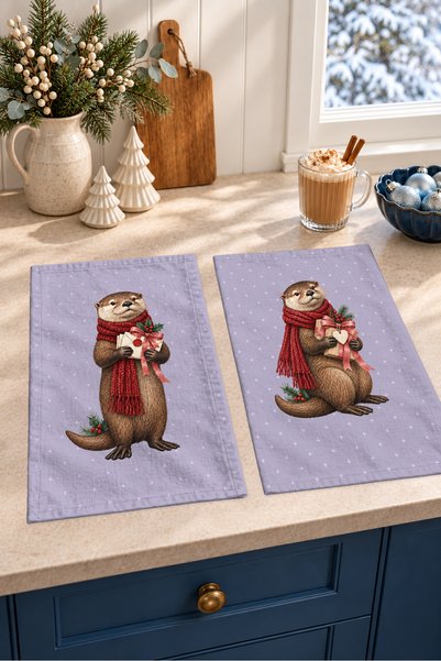 Evmila Lavender Otter and Lavender Bouquet Digitally Printed 2-Piece Kitchen ...
