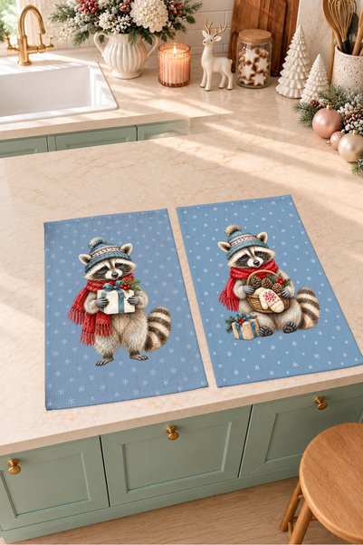 Evmila Frost Raccoon: Digitally Printed 2-Piece Kitchen Towel Set with Raccoo...