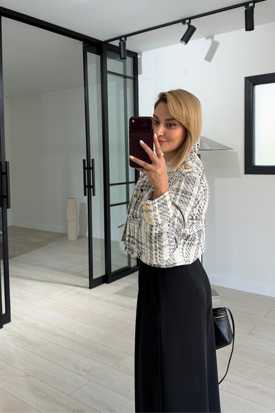 Sezgi Tekin Mock Neck, Epaulet, Ecru Checkered Tweed Jacket