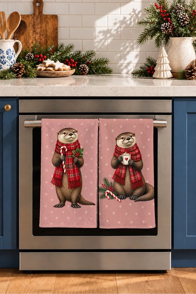 Evmila Berry Otter Digitally Printed 2-Piece Kitchen Towel Set with Scarf and...