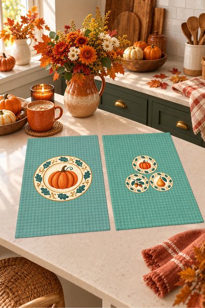 Evmila Pumpkin Plates: Turquoise-Patterned Digitally Printed 2-Piece Kitchen ...