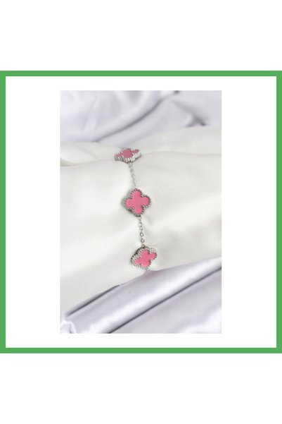 Nur store Çanta 316L Stainless Steel Silver Chain Pink Clover Bracelet BEZOSS
