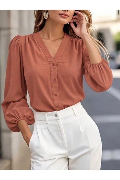 MERİDE Long-Sleeved V-Neck Button-Down Imported Crepe Blouse - 46250-L/XL - S...