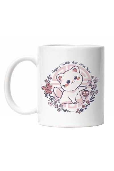 INOVATIX Personalized white mug, White in a Flower Wreath, Happy Vietnamese N...