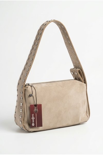 Sellini Black Suede Shoulder Bag with Silver Studded Detail and Rocker Sleeve...
