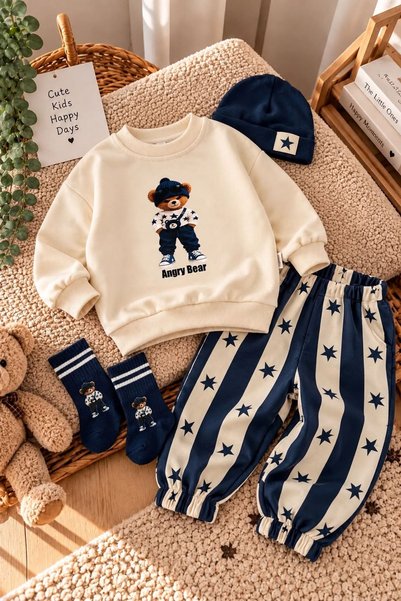 Minigimin Cicileri Angry Bear Star-Printed 4-Piece Baby Boy Set - Navy Blue
