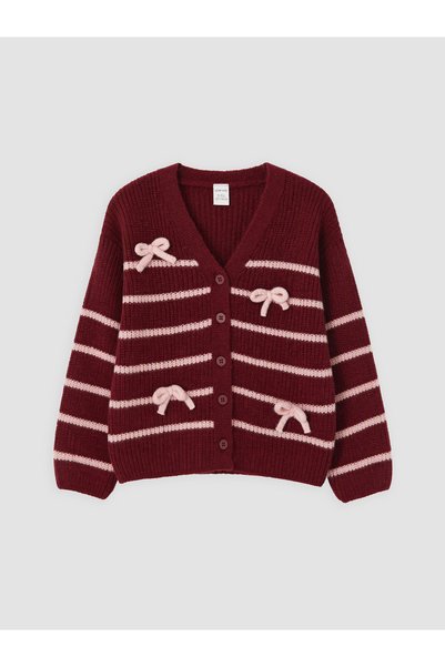 LC Waikiki TWO MT SHOP QUALITY LCW Kids Burgundy Striped Knit Cardigan for Girls