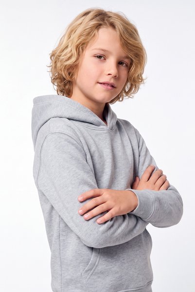 FYK COLLECTİON Boys' 3-Ply Winter Solid-Color Hooded Sweatshirt with Kangaroo Pocket