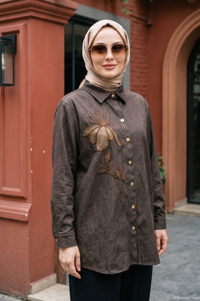 Lale Butik Cămașă din denim de bumbac cu detalii din mărgele și nasturi în fa...
