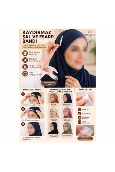 SAVORYHOME Çift Taraflı Eşarp & Şal Kaydırmaz Sabitleme Bandı 36 Adet