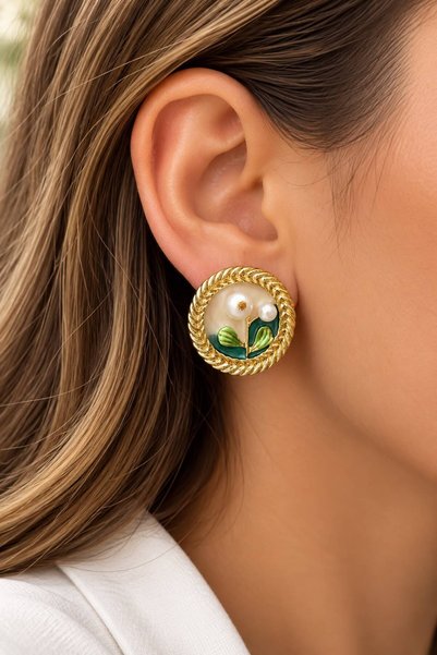 Nilsu Aksesuar Vintage-Style Women's Earrings with Gold Accents and Pearls