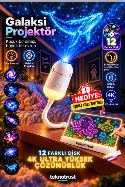 teknotrust 12 Disk Yazı Tahtası Hediyeli USB Galaksi Projektör 2’si 1 Arada –...