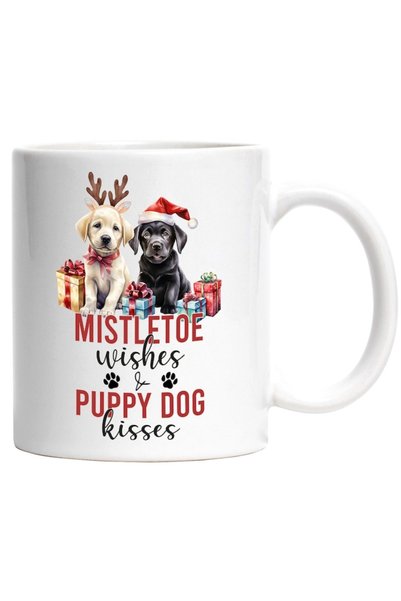 INOVATIX Cana alba personalizata,2 catelusi Mistletoe wishes & puppy dog kiss...